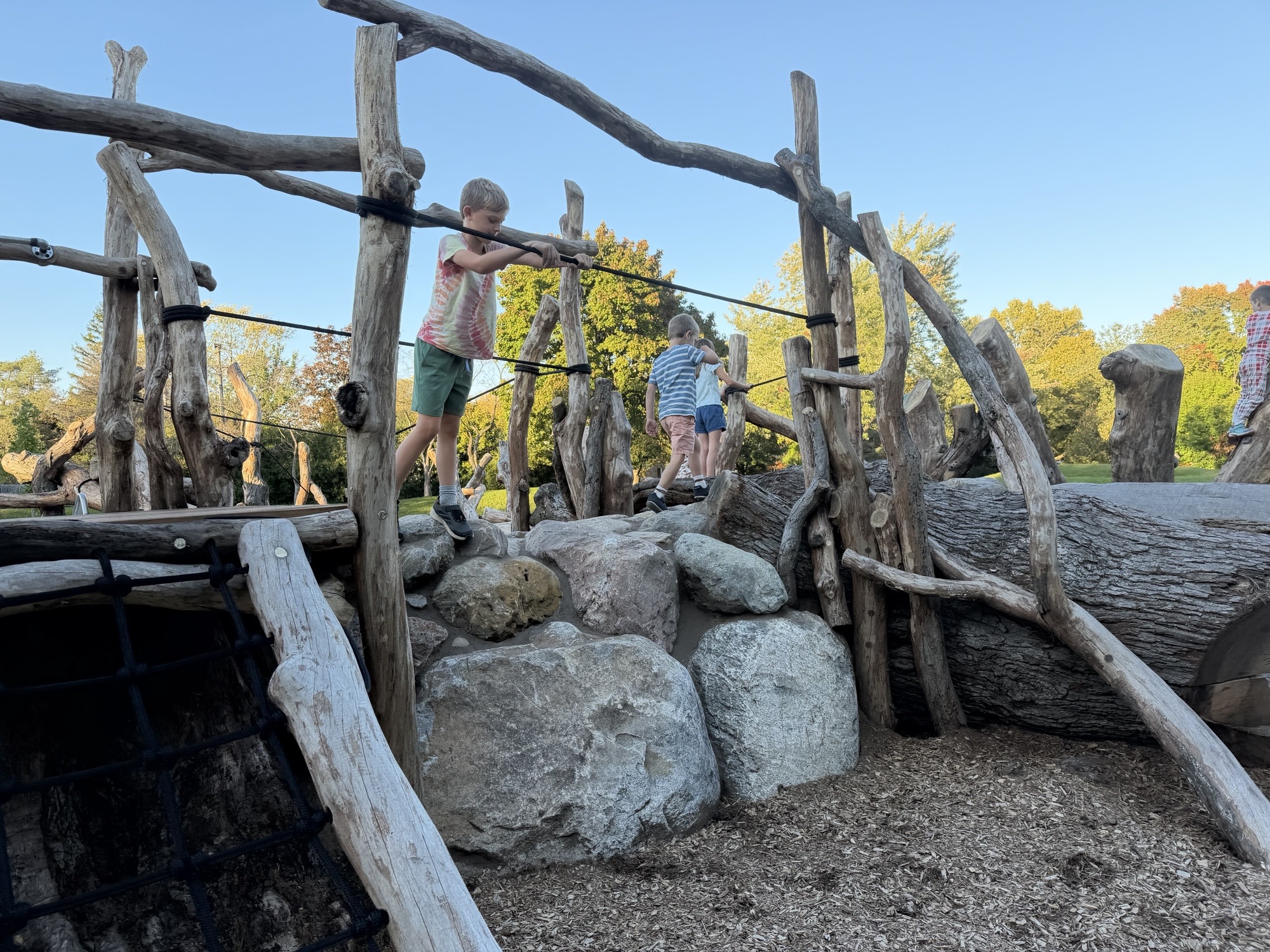 Kids playing on natural playground