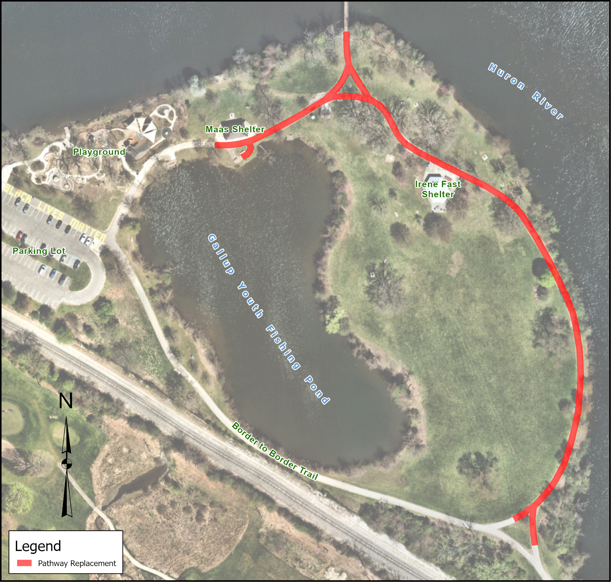 Portions of the Gallup Park Pathway around the Youth Fishing Pond will be replaced. 