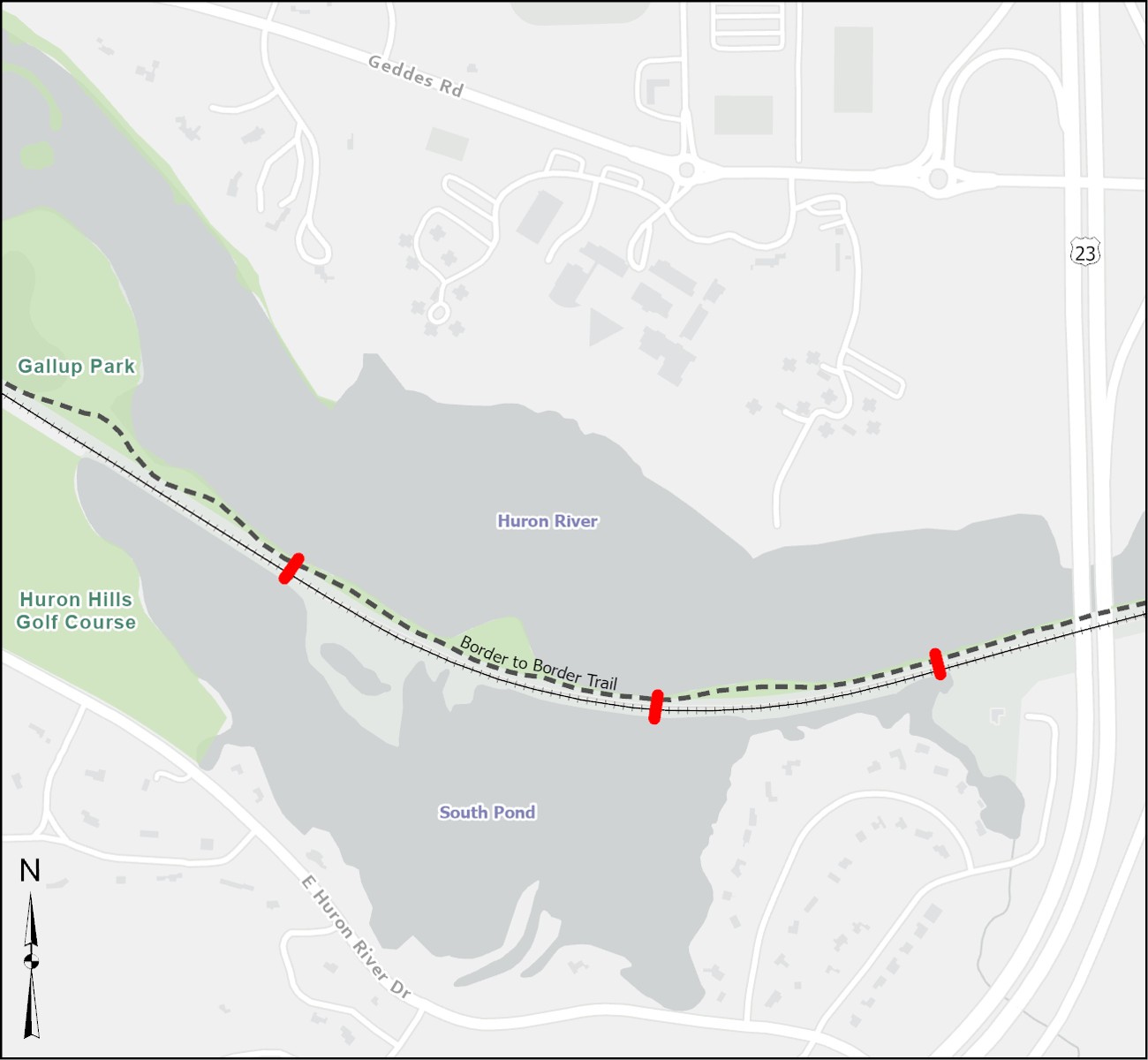 Gallup Park Border to Border Trail Culvert project extent