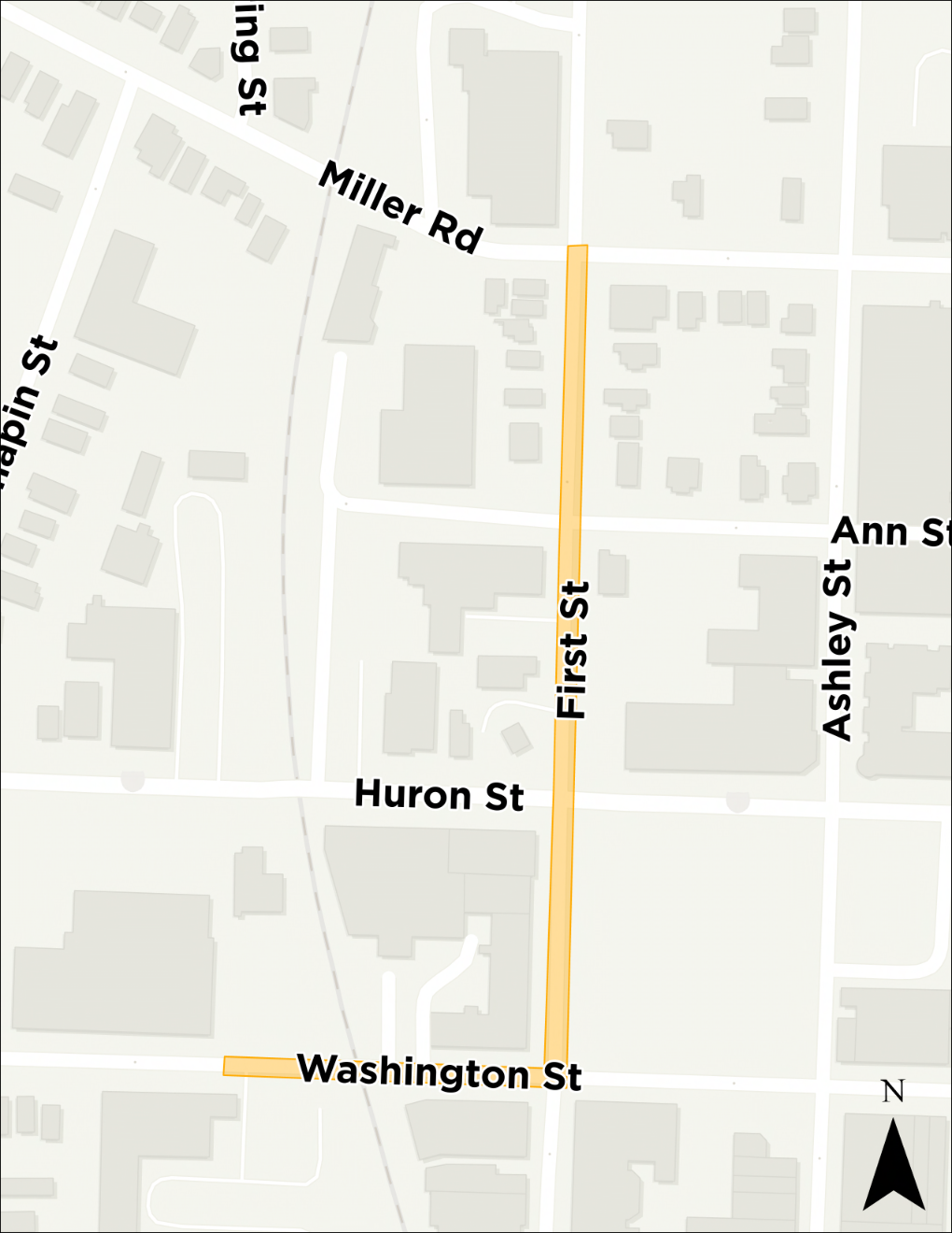 Map showing the project will take place in the area of First Street from West Washington Street to Miller Avenue and along West Washington Street from Third Street to First Street.
