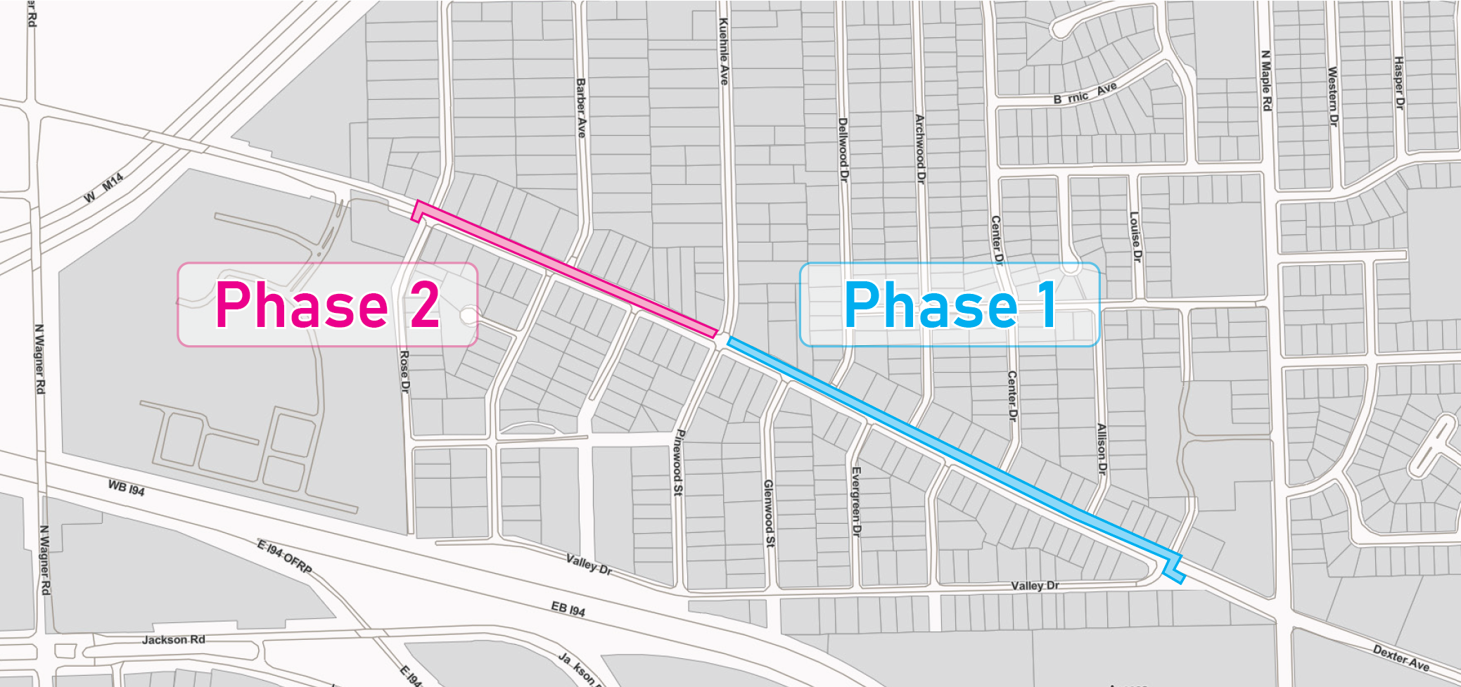 Dexter Road new sidewalk extents, phased approach