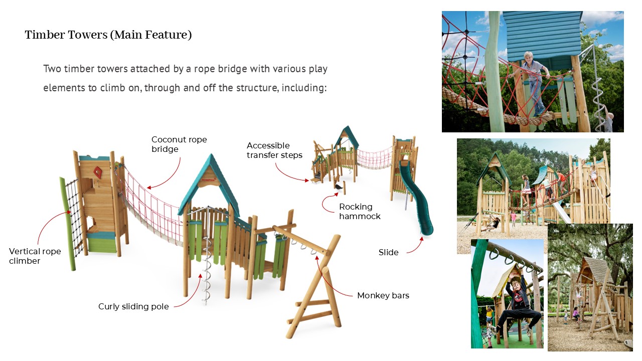 Details on main play element, the timber towers