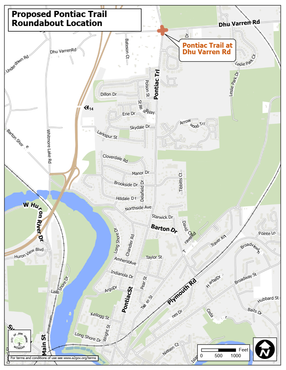 A map of the proposed Pontiac Trail roundabout location
