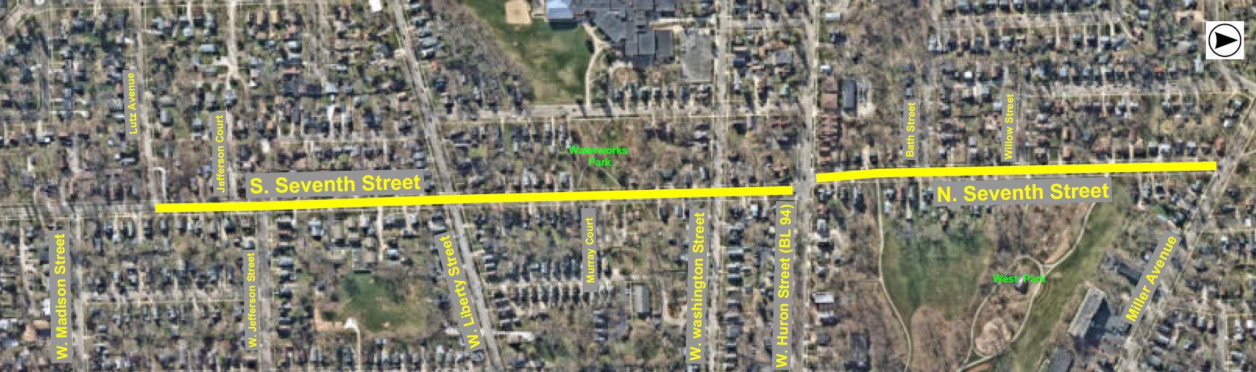 Map image of the area of Seventh Street that will be undergoing work