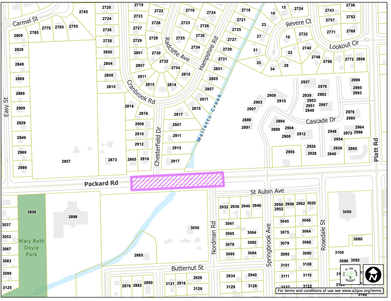 ​Packard Street at Mallets Creek​ water main replacement project extent 