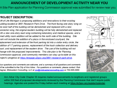 Announcement of development activity near you for a Site Plan application submitted for Planning Commission approval at 3861 Research Park Drive, Ann Arbor. Gift of Life Michigan proposes additions and renovations to its existing building. The existing one-story wing on the west side will be demolished and replaced with a new connector wing. The original eastern portion will also be demolished and replaced with a new one-story east wing containing laboratory and medical spaces. A small utility room addition is proposed on the north side. Site improvements include a new plaza in the enclosed courtyard, replacement and expansion of the front parking lot into a visitor entry circle, 17 additional parking spaces, replacement of the trash collection and delivery court, and replacement of the eastern drive. The building's use will remain unchanged. The notice invites questions and comments and lists Rob Wagner of Midwestern Consulting, LLC as the contact at 734-995-0200 or rcw@midwesternconsulting.com