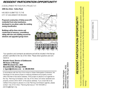 This document is a notice postcard for a site plan and development proposal at 2250 Ann Arbor-Saline Road (SP26-0006). The notice informs nearby property owners and residents of a proposal to construct thirty-seven (37) residential front-entry townhomes, planned for development in a single phase. The postcard includes basic project details and site information, along with contact details for the project representative to direct questions, submit comments, or request additional meeting information regarding the proposed townhome community.