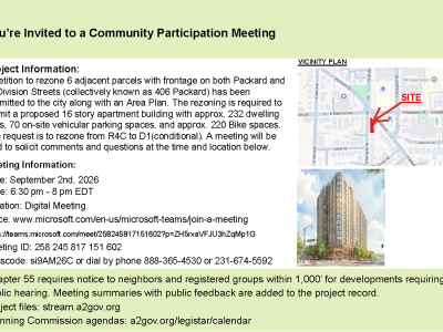 This document is a notice postcard for a public meeting regarding 406 Packard Street (REZ26-0009). It details a petition to rezone six adjacent parcels with frontage on both Packard and South Division Streets—collectively known as 406 Packard—from R4C (Multiple-Family Dwelling District) to D1 (Downtown Core District) with conditions, alongside a submitted Area Plan. The proposed development calls for a 16-story apartment building containing approximately 232 dwelling units, 70 on-site vehicular parking spaces, and approximately 220 bicycle parking spaces. A public meeting to present the project, solicit comments, and answer questions is scheduled for Wednesday, September 2, 2026, from 6:30 p.m. to 8:00 p.m. online via Microsoft Teams.