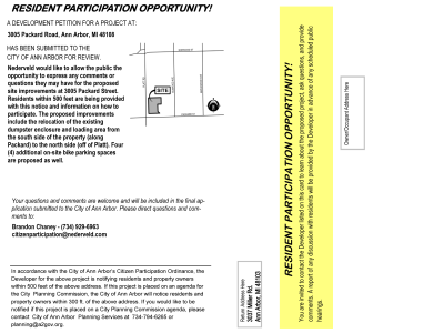 Resident Participation Opportunity notice for a proposed development at 3005 Packard Road, Ann Arbor, MI 48108. The notice states that Nederveld is proposing to relocate the existing dumpster enclosure and loading area from the south side of the property along Packard Road to the north side, off Platt Road, and add four on-site bicycle parking spaces. A small map shows the project site near Packard Street, Platt Road, Elmwood Avenue, Maplewood Avenue, and Norwood Street. The notice invites residents within 500 feet to submit comments or questions to the developer, Brandon Chaney, at (734) 929-6963 or citizenparticipation@nederveld.com. It also explains how to request notification if the project is placed on a City Planning Commission agenda.