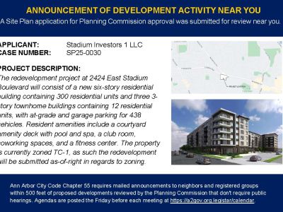 Announcement of development activity near you for a Site Plan application submitted for Planning Commission approval. Applicant: Stadium Investors 1 LLC. Case Number: SP25-0030. The redevelopment project at 2424 East Stadium Boulevard proposes a new six-story residential building with 300 residential units, three three-story townhouse buildings with 12 residential units, and at-grade and garage parking for 438 vehicles. Resident amenities include a courtyard amenity deck with a pool and spa, club room, coworking spaces, and fitness center. The property is currently zoned TC-1, and the redevelopment will be submitted as-of-right regarding zoning. The notice includes a location map and architectural rendering of the proposed development. A footer notes that Ann Arbor City Code Chapter 55 requires mailed announcements to neighbors and registered groups within 500 feet for certain Planning Commission-reviewed developments that do not require public hearings.