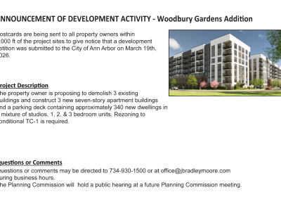 This document is a notice postcard for a public meeting regarding the Woodbury Gardens proposal at 1310 Wisteria Drive (REZ24-0008 & SP24-0013 / SP26-0003). The notice outlines a rezoning and site plan request for the existing 41.292-acre development encompasssing Astor Drive, Wisteria Drive, and Woodbury Drive, proposing to rezone from R3 (Multiple-Family), R4 (Multiple-Family), and PL (Public Land) districts to TC1 (Transit Corridor) with conditions capping building height. The associated site plan details a partial redevelopment of one parcel to demolish existing structures and construct multi-story residential buildings containing 342 dwelling units along with a five-level parking garage. An illustration depicting the proposed building layouts and garage structure is included alongside details for an upcoming public meeting to present the plans, answer questions, and solicit feedback from neighboring property owners.