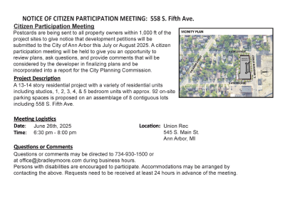 This document is a notice postcard for a community participation meeting regarding a development proposal known as "The Dean," located at 558 S. Fifth Avenue. The notice informs nearby residents and property owners of a proposal to rezone the site to D1 (Downtown Core) with conditions and submit a site plan to construct a 14-story residential high-rise building containing approximately 240 units with all-electric appliances, on-site parking, and dedicated bicycle storage. The postcard provides details for an upcoming community participation meeting scheduled for Wednesday, June 17, 2026, where attendees can review project renderings, ask questions, and provide feedback to the development team.